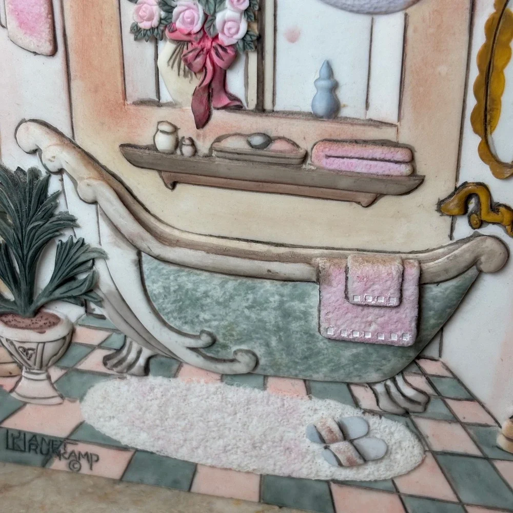 Janet Kruskamp 3D   Plaque 8x6 Pastel Victorian Bathroom Clawfoot Tub Art